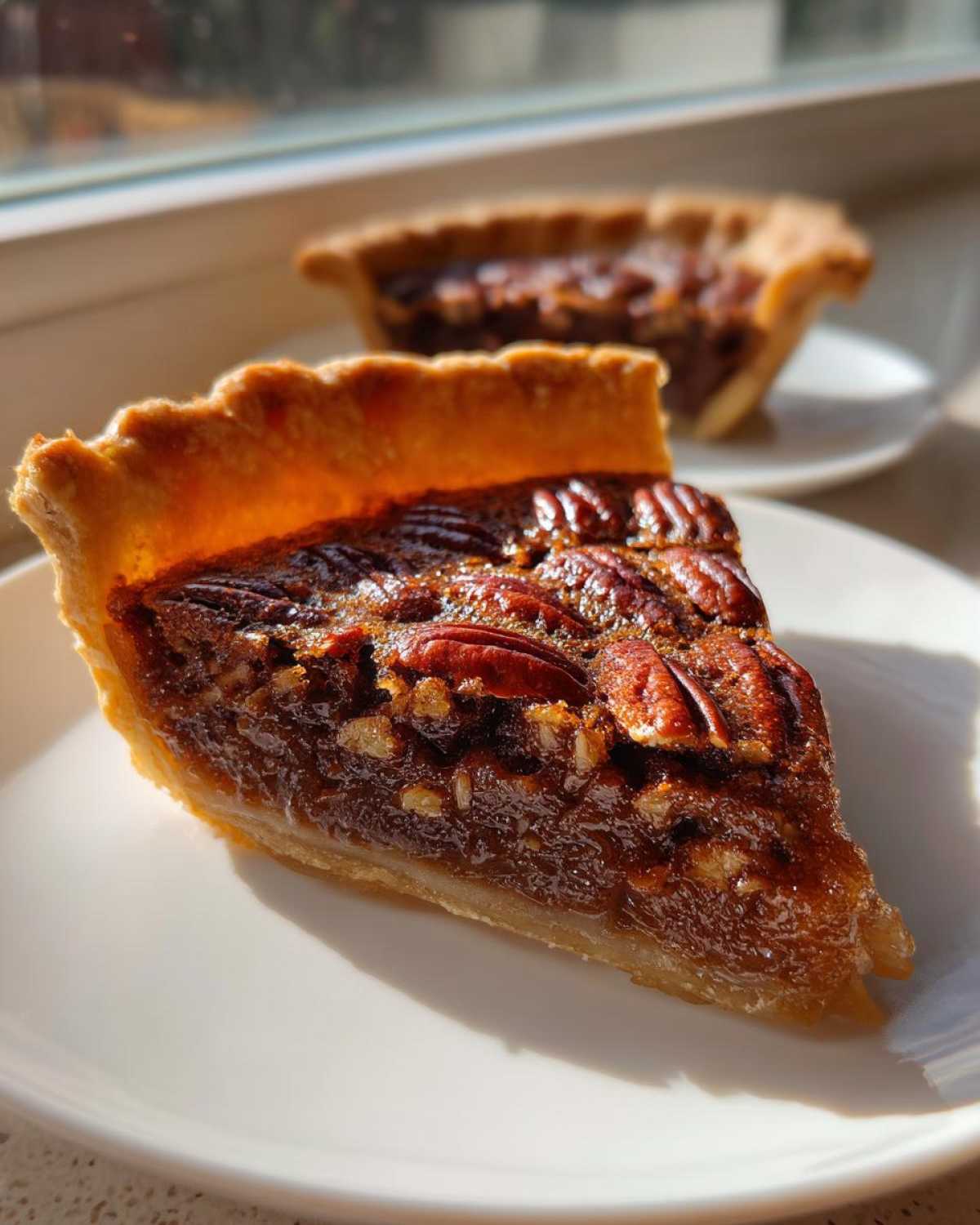 Close-up of a gooey slice of pecan pie on a white plate, showing the caramelized filling and whole pecans.