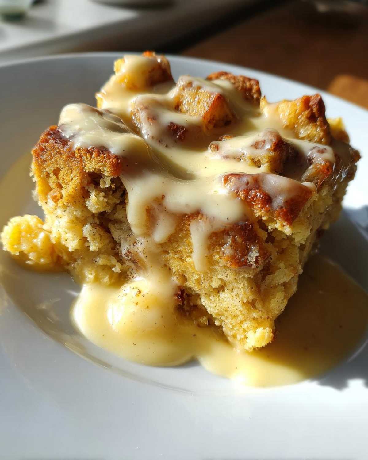 A close-up of a square serving of moist bread pudding topped with creamy vanilla sauce.