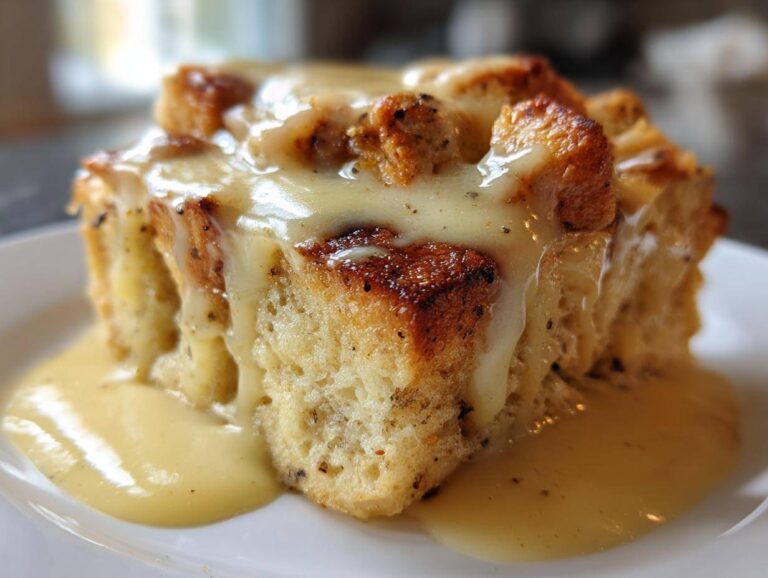 Close-up of a square slice of golden brown bread pudding generously topped with creamy vanilla sauce.
