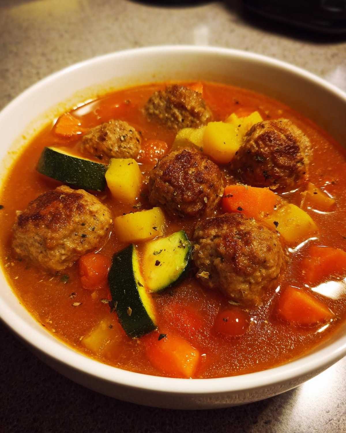 Close-up of a white bowl filled with rich, tomato-based albondigas soup featuring browned meatballs and chunks of zucchini, carrots, and potatoes.