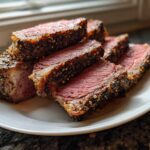 Several thick slices of medium-rare, herb-crusted rib roast stacked on a white plate.