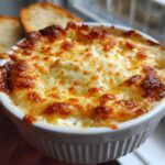 Close-up of a hot, bubbly, cheesy bread dip in a white ramekin, served with toasted bread slices.