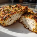 Cross-section view of perfectly cooked, juicy air fryer chicken breast with a golden, herbed crust.