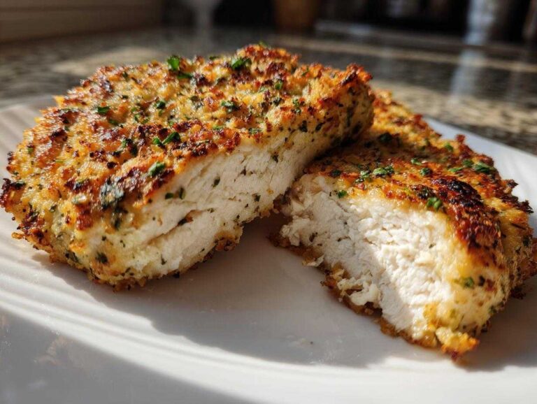 Cross-section view of perfectly cooked, juicy air fryer chicken breast with a golden, herbed crust.