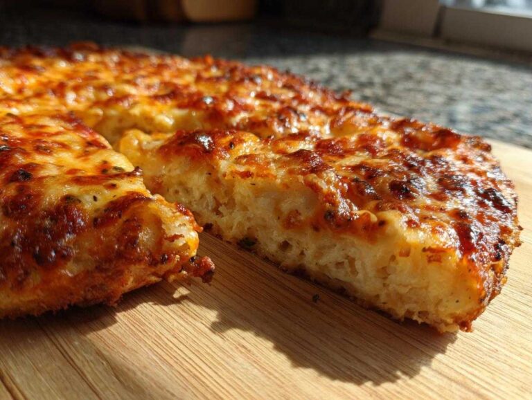 Close-up view of a thick, golden-brown keto pizza crust, showing the fluffy interior texture and melted, bubbly cheese topping.