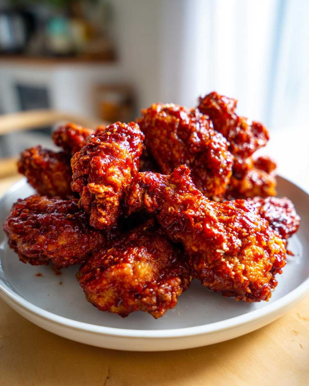 A close-up of a white plate piled high with crispy, glossy Korean fried chicken recipe pieces coated in a spicy red glaze.