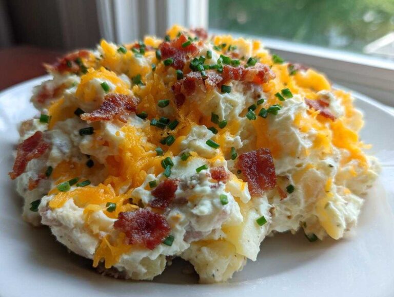A serving of creamy baked potato salad topped with shredded cheddar cheese, crispy bacon bits, and fresh chives.