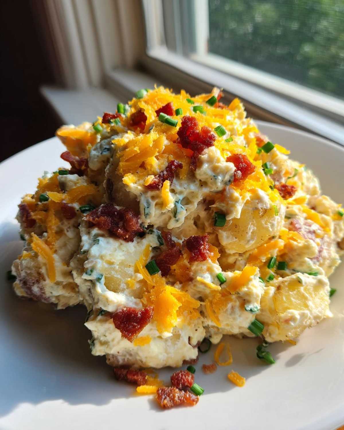 A serving of creamy baked potato salad topped generously with shredded cheddar cheese, bacon bits, and chives.