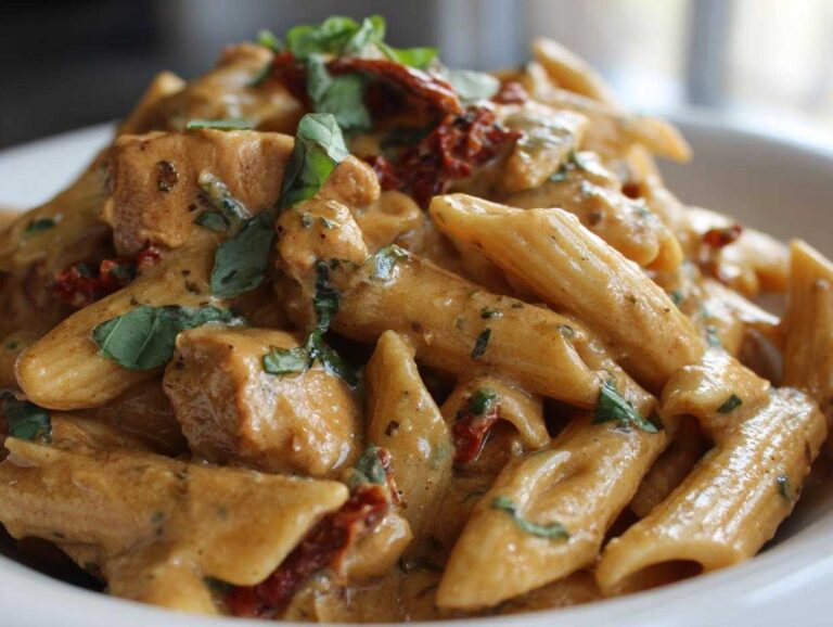A close-up shot of a bowl filled with creamy marry me chicken pasta, featuring penne, chicken pieces, and garnished with basil.