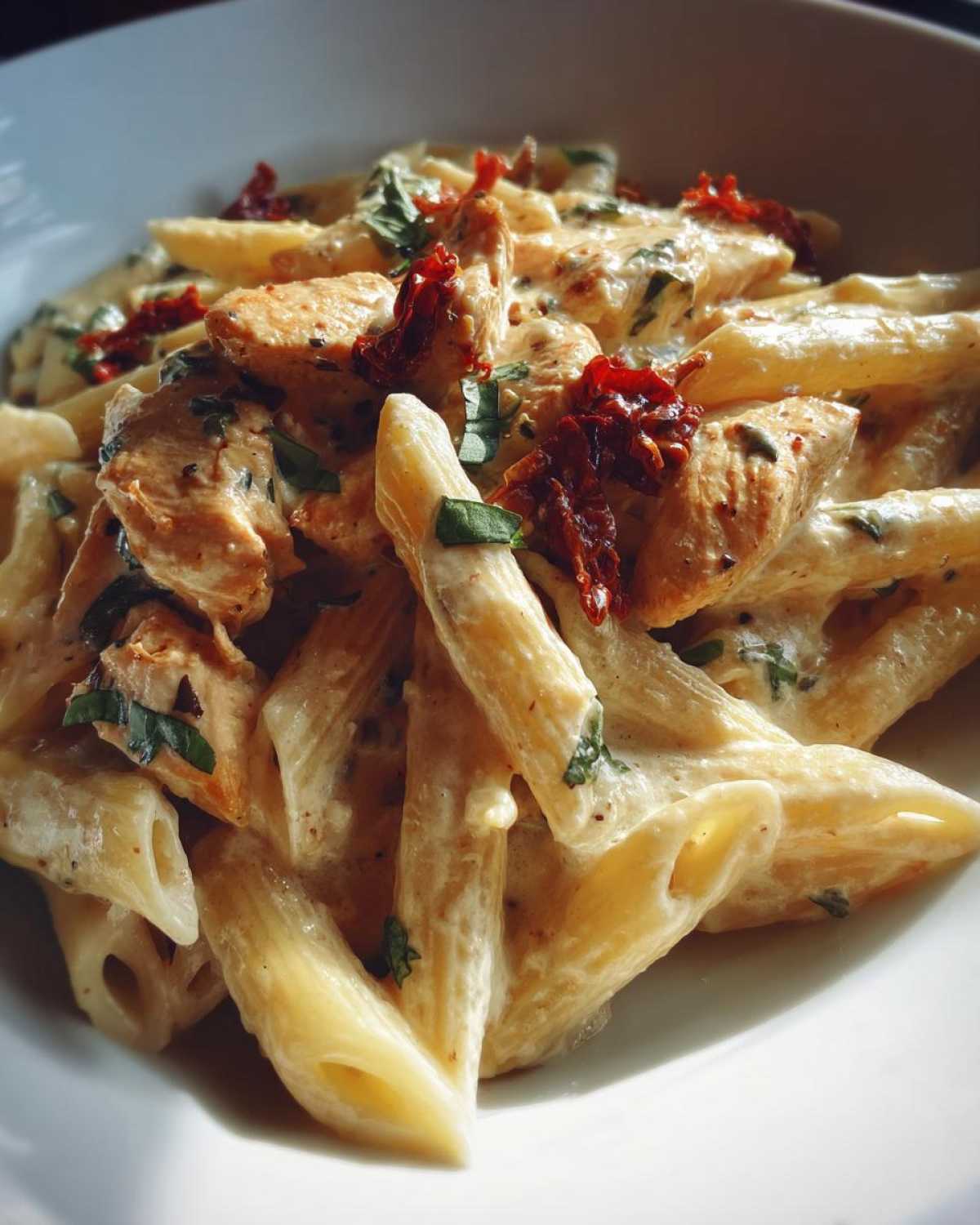 Close-up of creamy marry me chicken pasta featuring penne, diced chicken, and sun-dried tomatoes in a white bowl.
