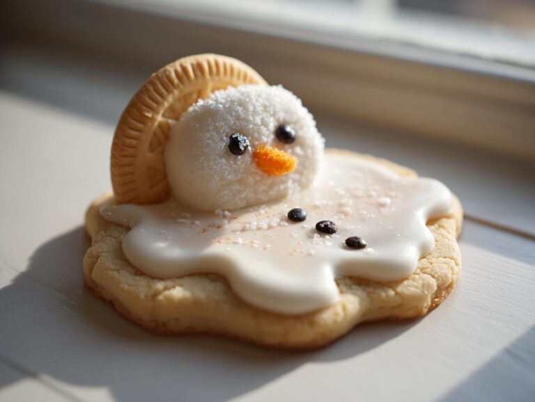 Melted snowman cookies: 1 amazing batch A close-up of a melted snowman cookie featuring a marshmallow head, cookie hat, and white icing puddle.