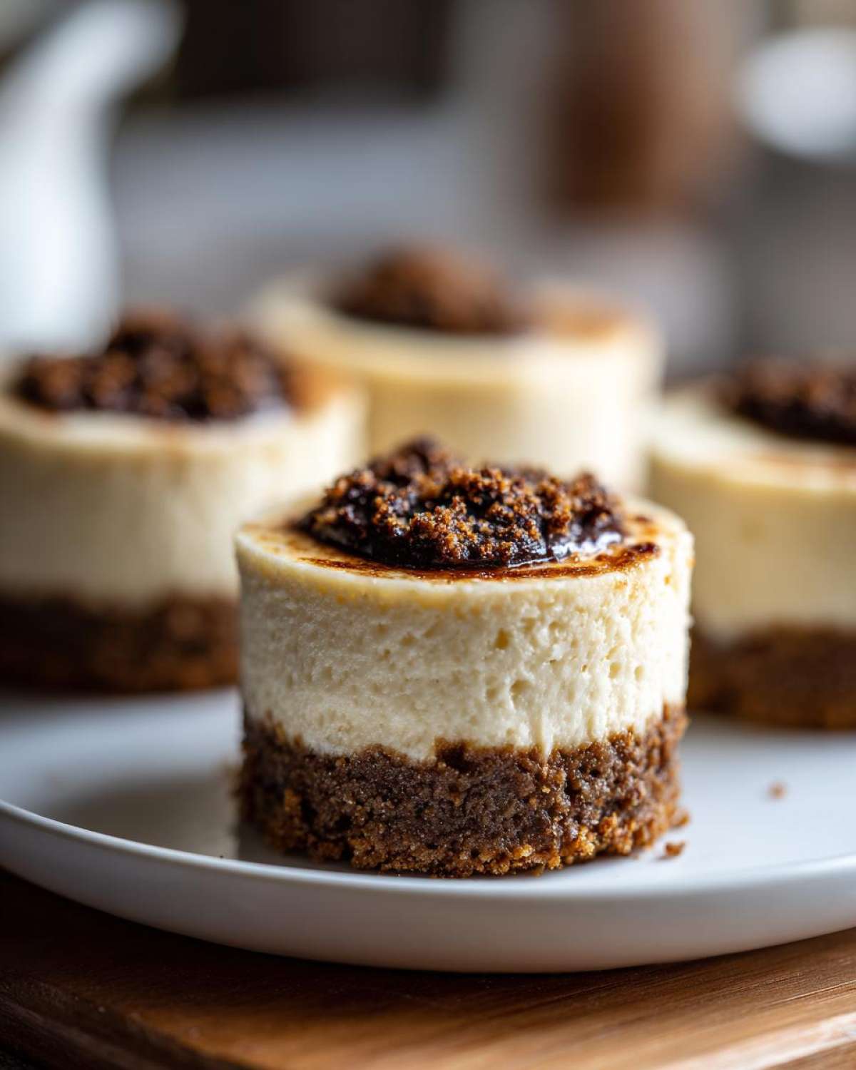 A close-up of a single, perfectly formed no-bake mini cheesecake bite with a thick graham cracker crust and brown sugar topping.