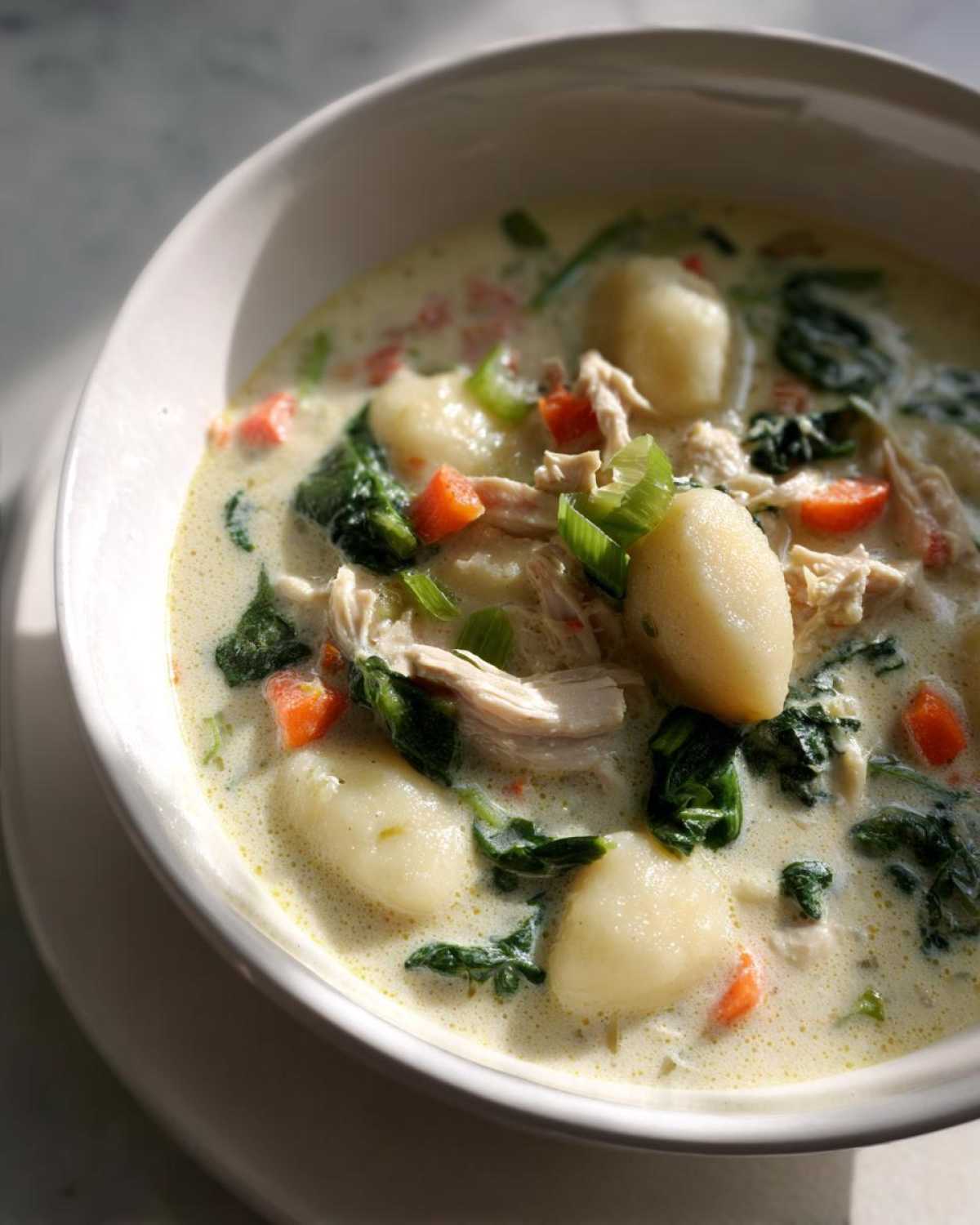 Close-up of a bowl of creamy olive garden chicken gnocchi soup with visible gnocchi, shredded chicken, spinach, and carrots.