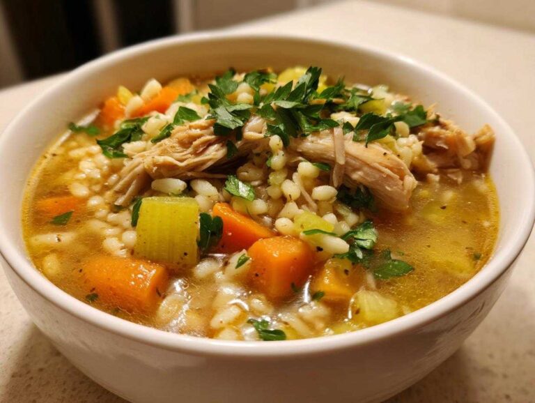 Close-up of a white bowl filled with hot penicillin soup featuring shredded chicken, carrots, celery, and barley, topped with fresh parsley.