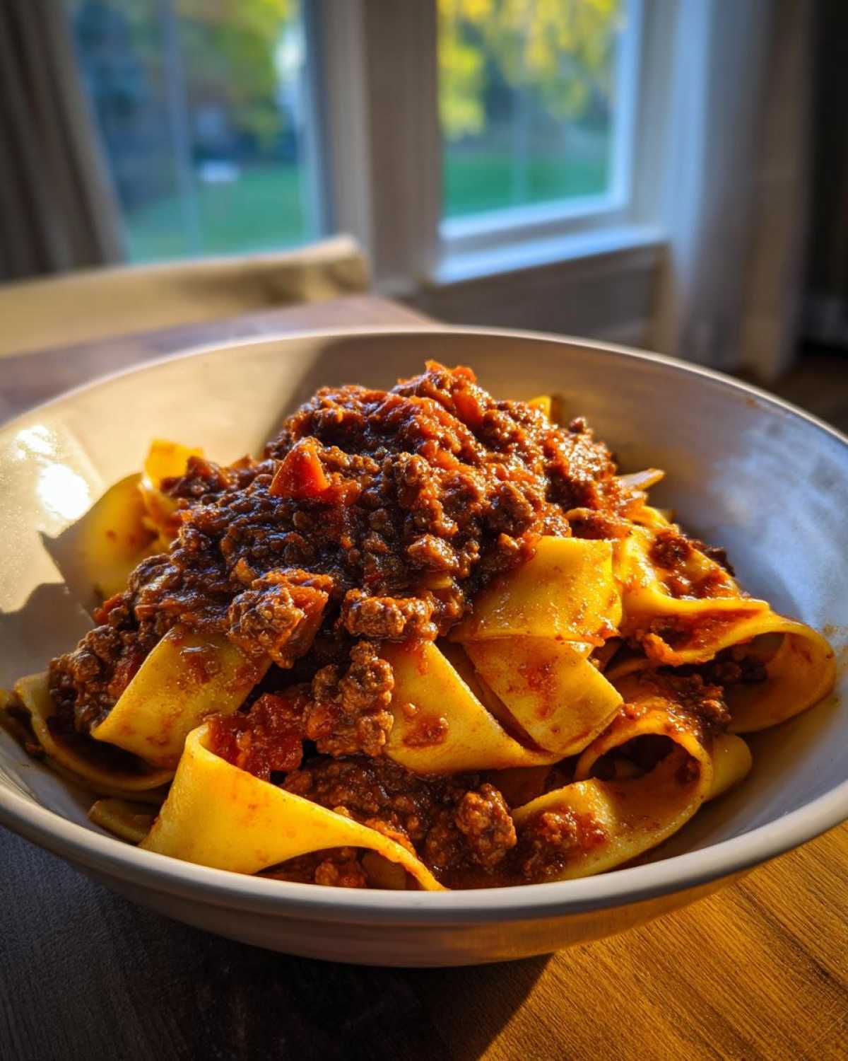 A close-up of thick pappardelle pasta generously topped with rich, meaty bolognese sauce in a white bowl.