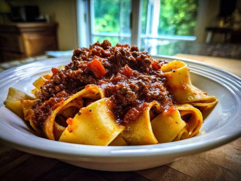 350 Calorie bolognese sauce: Unforgettable Flavor A close-up of wide pappardelle pasta generously topped with rich, meaty bolognese sauce in a white bowl.