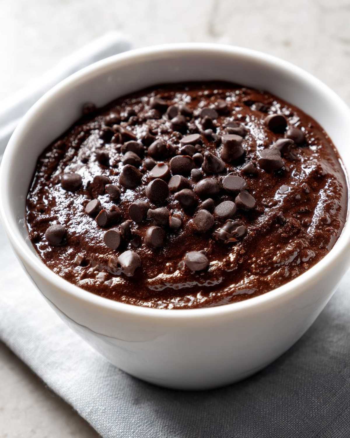 Close-up of rich, dark brownie batter dip in a white bowl, generously topped with semi-sweet chocolate chips.