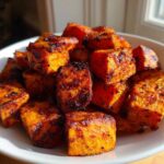 Close-up of beautifully caramelized, dark-edged roasted sweet potato cubes piled in a white bowl.