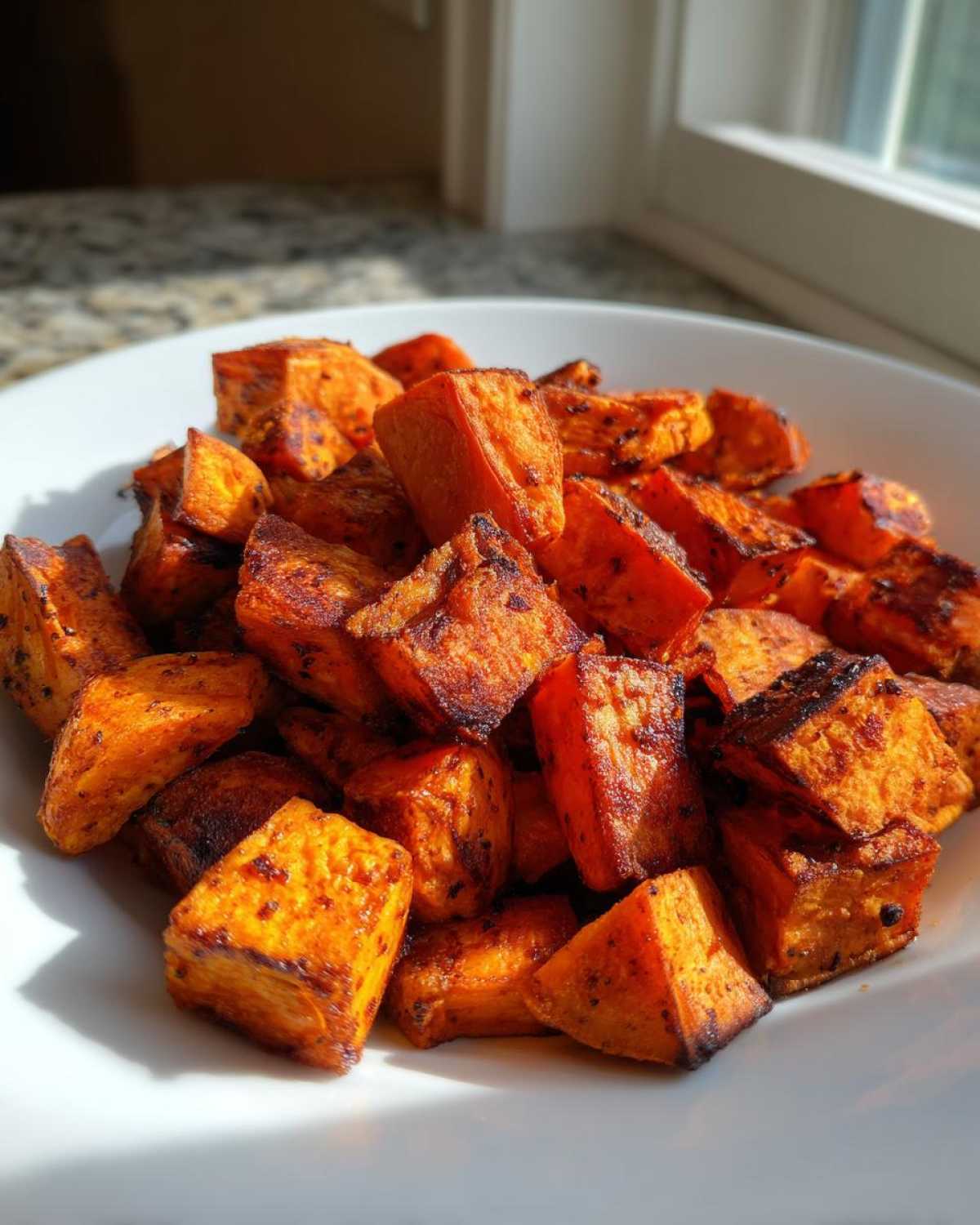 Close-up of perfectly caramelized roasted sweet potato cubes piled high in a white bowl.