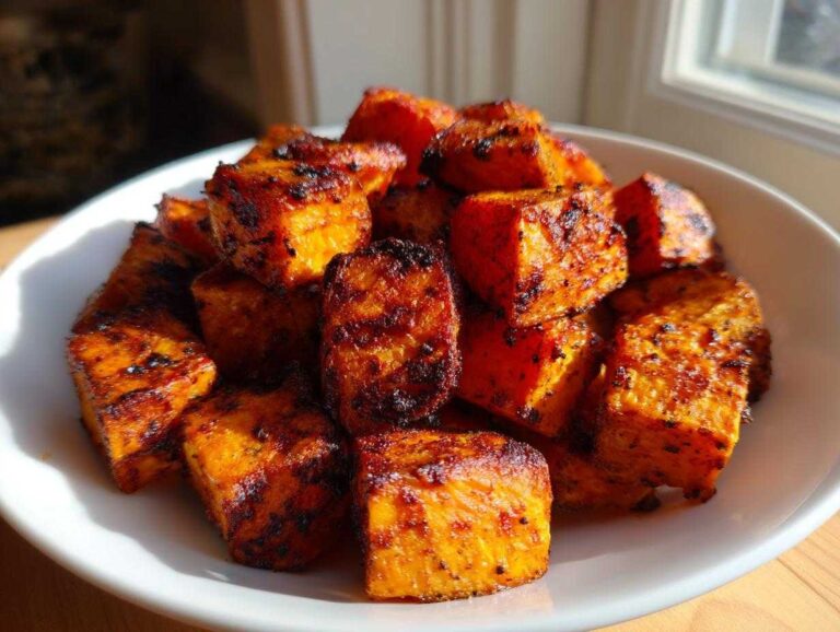 Close-up of beautifully caramelized, dark-edged roasted sweet potato cubes piled in a white bowl.