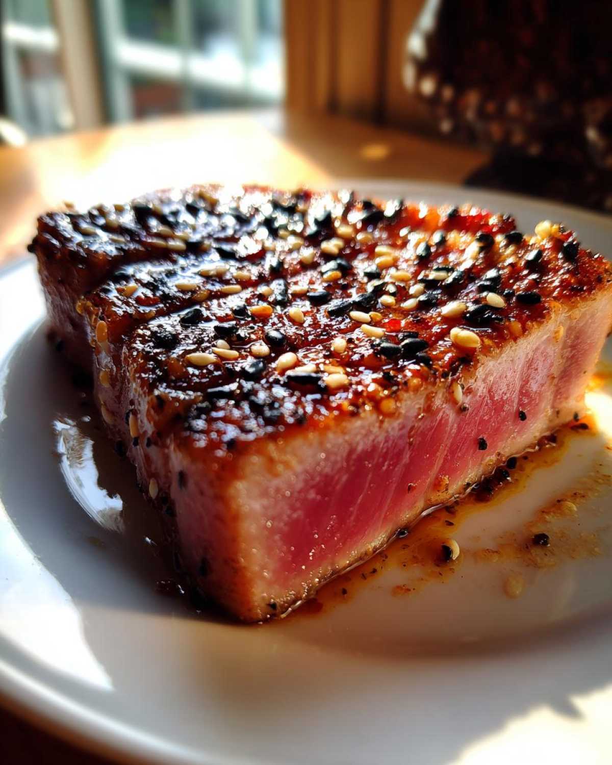 Close-up of a perfectly seared, rare tuna steak crusted with black and white sesame seeds.
