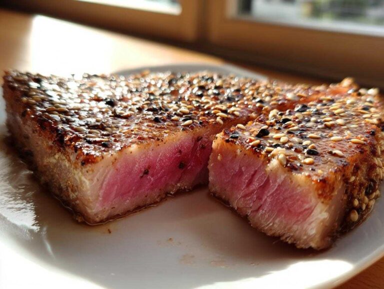 Close-up of a perfectly seared sesame crusted tuna steak, sliced to show the rare, pink center.