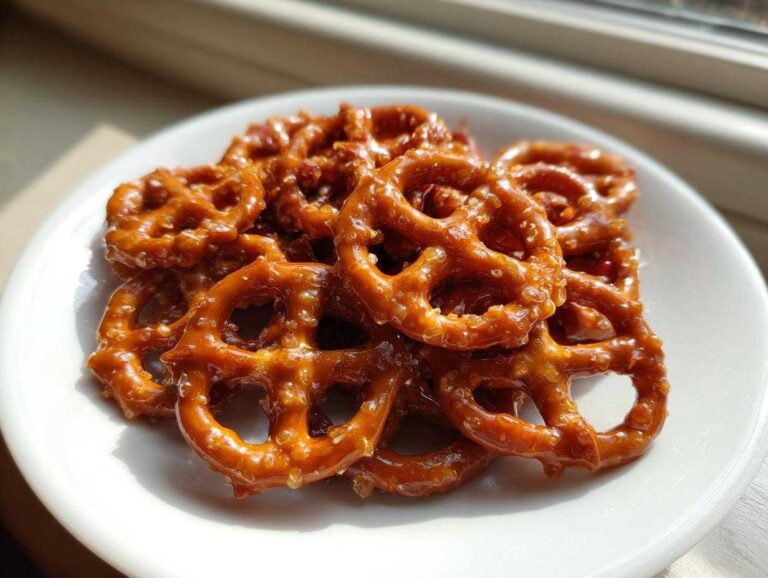 A close-up of several shiny, glazed toffee pretzels stacked on a white plate, catching the sunlight.