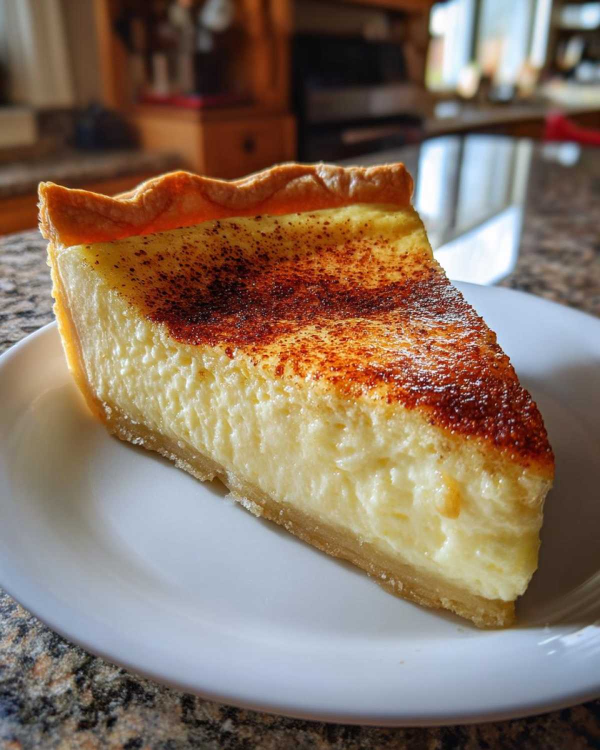 A perfect slice of silky custard pie with a golden crust and a top dusted with nutmeg.