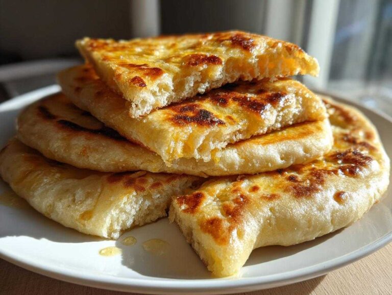 Amazing 6 Ingredient Soft naan bread A stack of soft, golden brown naan bread pieces, one broken open to show the fluffy interior, drizzled with honey.