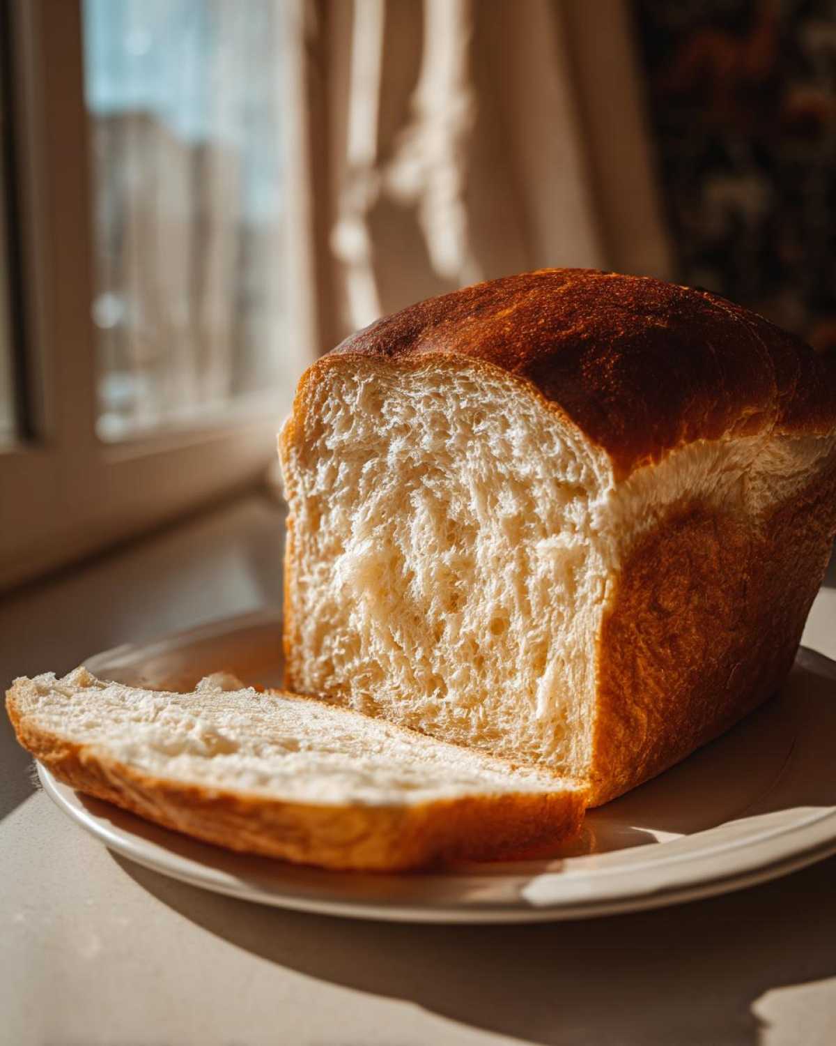 A loaf of fluffy sourdough sandwich bread, sliced open to show the soft interior and golden crust.