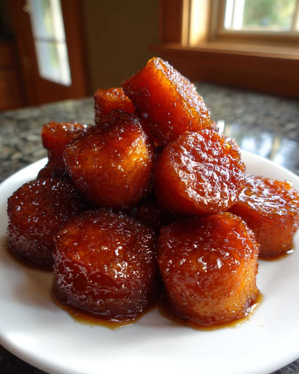 A pile of glistening, thick-cut southern candied yams coated in a rich, dark brown syrup on a white plate.