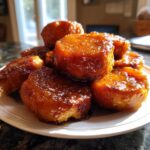 A close-up of thick-cut, glistening southern candied yams piled high on a white plate.
