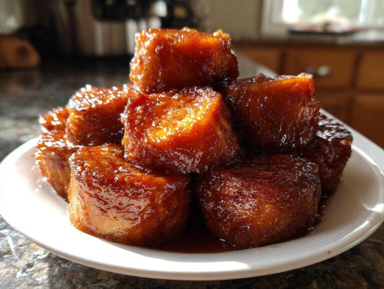 A stack of glossy, caramelized southern candied yams piled high on a small white plate.