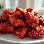 Close-up of glossy, deep red pieces of Korean fried chicken recipe coated in a spicy glaze.