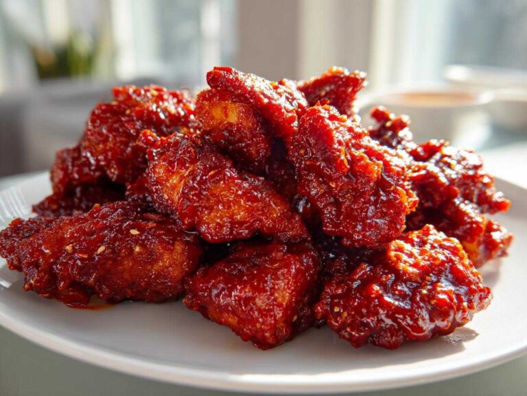 Close-up of glossy, deep red pieces of Korean fried chicken recipe coated in a spicy glaze.