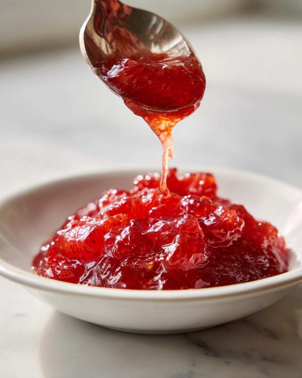 A spoonful of bright red strawberry freezer jam is drizzled back into a white bowl filled with the finished jam.