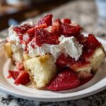A close-up serving of strawberry shortcake trifle featuring layers of cake, whipped cream, and macerated strawberries.