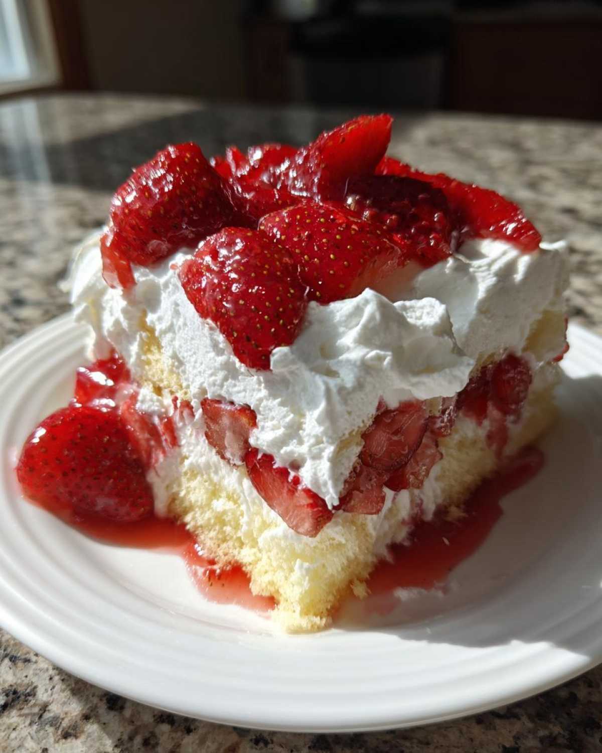 A generous slice of strawberry shortcake trifle featuring layers of sponge cake, whipped cream, and macerated strawberries on a white plate.
