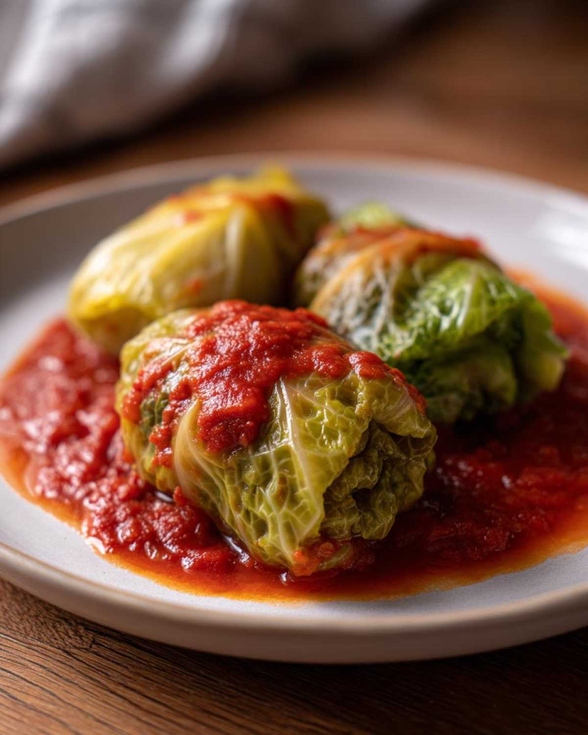 Close-up of three savory Stuffed Cabbage Rolls served on a white plate, generously topped with bright red tomato sauce.