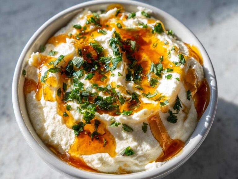 A close-up of creamy ricotta dip topped with a drizzle of golden honey and chopped fresh herbs.