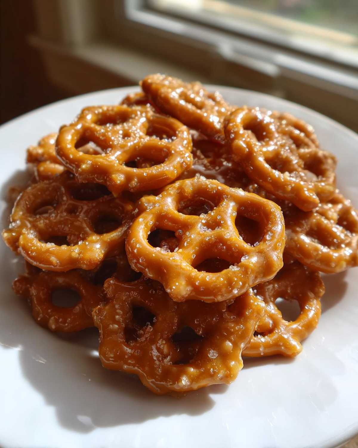 A pile of shiny, glazed toffee pretzels sprinkled with sugar crystals, ready to eat.
