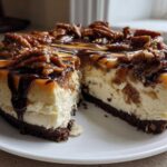 A rich slice of turtle cheesecake showing creamy filling, chocolate crust, caramel, and pecans on top.