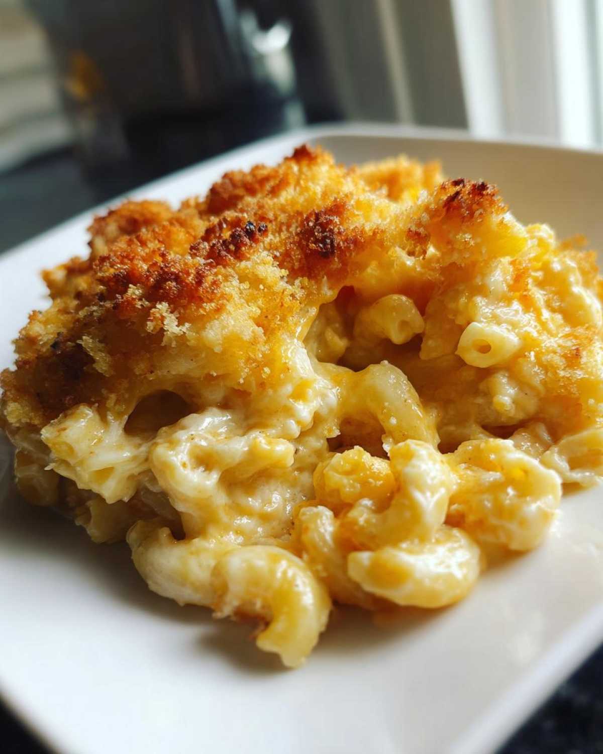 A close-up serving of creamy baked mac and cheese featuring elbow macaroni coated in cheese sauce and topped with a golden brown, crispy breadcrumb crust.