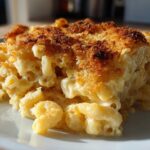 A close-up of a generous serving of creamy baked mac and cheese featuring elbow macaroni and a golden, crunchy breadcrumb topping.