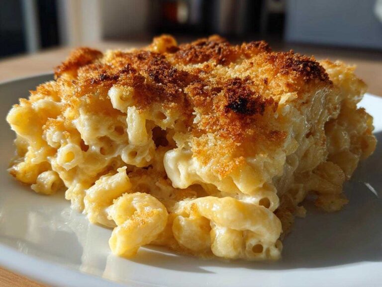 A close-up of a generous serving of creamy baked mac and cheese featuring elbow macaroni and a golden, crunchy breadcrumb topping.