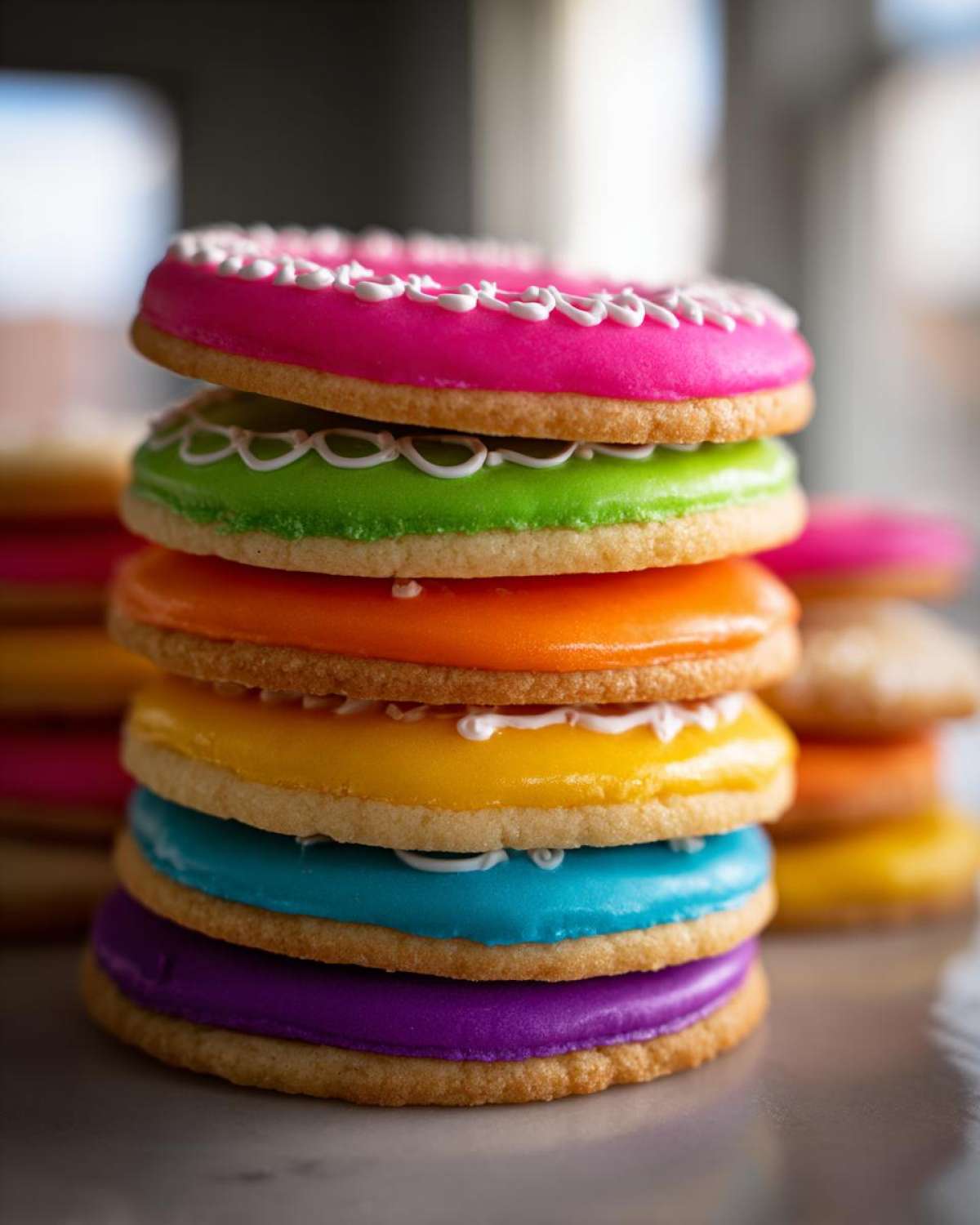 A tall stack of sugar cookies topped with brightly colored, hardened sugar cookie icing in pink, green, orange, yellow, blue, and purple.