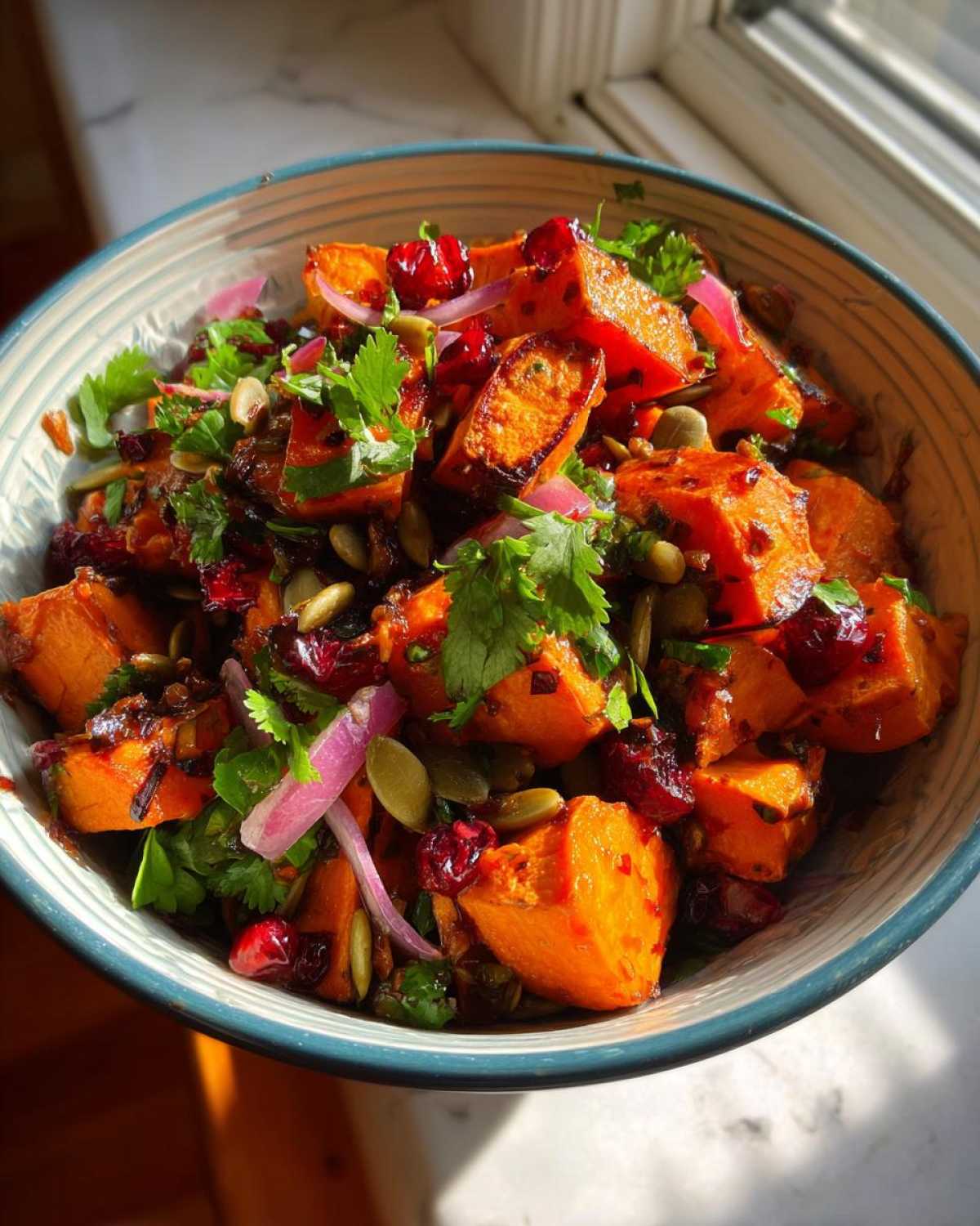 Close-up of a vibrant sweet potato salad featuring roasted sweet potato chunks, red onion, cilantro, pumpkin seeds, and dried cranberries.