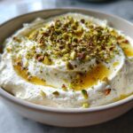 Close-up of creamy whipped feta dip drizzled with honey and topped generously with chopped pistachios.