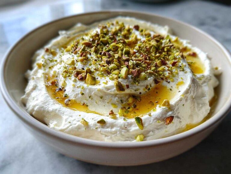 Close-up of creamy whipped feta dip drizzled with honey and topped generously with chopped pistachios.