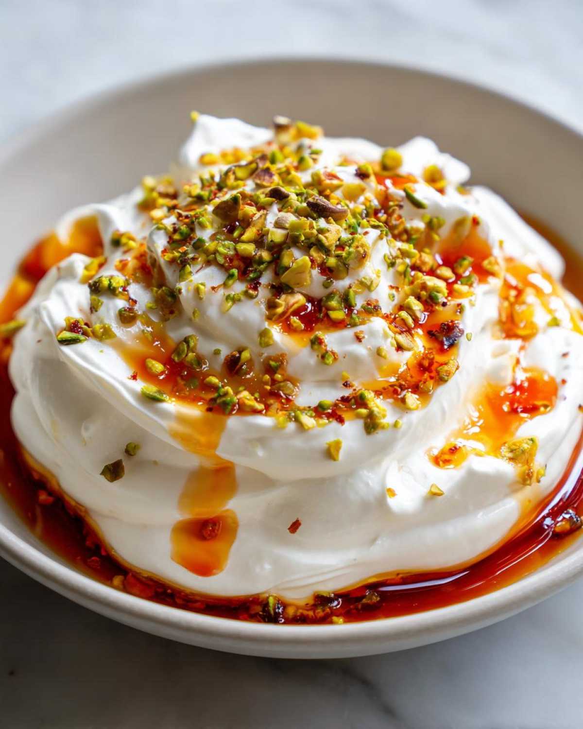 Close-up of creamy whipped ricotta dip drizzled with hot honey and topped with chopped pistachios.